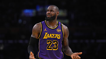 Nov 29, 2024; Los Angeles, California, USA; Los Angeles Lakers forward LeBron James (23) reacts in the second half against the Oklahoma City Thunder at Crypto.com Arena. Mandatory Credit: Kirby Lee-Imagn Images