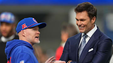 Dec 8, 2024; Inglewood, California, USA; Buffalo Bills coach Sean McDermott talks with Tom Brady during the game against the Los Angeles Rams at SoFi Stadium. Mandatory Credit: Kirby Lee-Imagn Images