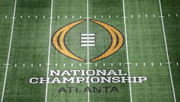 Jan 19, 2025; Atlanta, GA, USA; The College Football Playoff National Championship logo at midfield at Mercedes-Benz Stadium, the site of the 2025 College Football Playoff National Championship between the Ohio State Buckeyes and the Notre Dame Fighting Irish. Mandatory Credit: Kirby Lee-Imagn Images