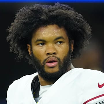 Dec 28, 2024; Inglewood, California, USA; Arizona Cardinals quarterback Kyler Murray (1) looks on prior to the game against the Los Angeles Rams at SoFi Stadium. Mandatory Credit: Kirby Lee-Imagn Images
