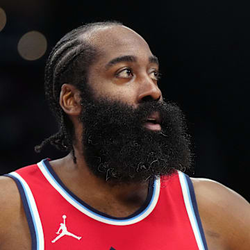 Jan 25, 2025; Inglewood, California, USA; LA Clippers guard James Harden (1) reacts against the Milwaukee Bucks in the second half at Intuit Dome. Mandatory Credit: Kirby Lee-Imagn Images