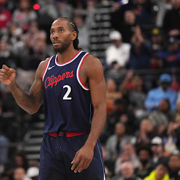 Feb 12, 2025; Inglewood, California, USA; LA Clippers forward Kawhi Leonard (2) reacts against the Memphis Grizzlies in the second half at Intuit Dome. Mandatory Credit: Kirby Lee-Imagn Images