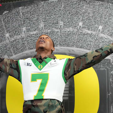 Dec 30, 2024; Los Angeles, CA, USA; Oregon Ducks wide receiver Evan Stewart (7) poses during Rose Bowl media day at Sheraton Grand LA. Mandatory Credit: Kirby Lee-Imagn Images