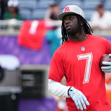 Feb 1, 2025; Orlando, FL, USA; Jacksonville Jaguars receiver Brian Thomas Jr. (7) during AFC Practice for the Pro Bowl Games at Camping World Stadium. Mandatory Credit: Kirby Lee-Imagn Images