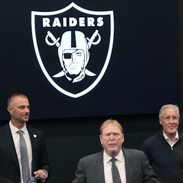 Jan 27, 2025; Las Vegas, NV, USA; Las Vegas Raiders owner Mark Davis (center) introduces general manager John Spytek (left) and coach Pete Carroll at press conference at Intermountain Health Performance Center. Mandatory Credit: Kirby Lee-Imagn Images