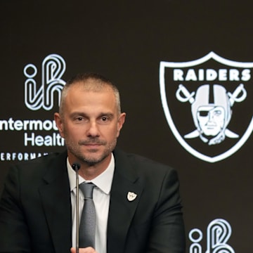 Jan 27, 2025; Las Vegas, NV, USA; Las Vegas Raiders general manager John Spytek (left) and coach Pete Carroll at press conference at Intermountain Health Performance Center. Mandatory Credit: Kirby Lee-Imagn Images