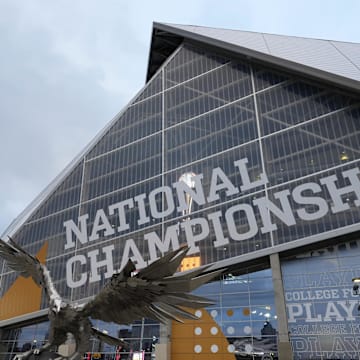 A general overall view of Mercedes-Benz Stadium, the site of the 2025 College Football Playoff National Championship between the Ohio State Buckeyes and the Notre Dame Fighting Irish.