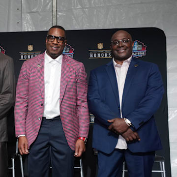 Eric Allen, Jared Allen, Antonio Gates, and Sterling Sharpe pose during the Pro Football Hall of Fame Class of 2025 press conference