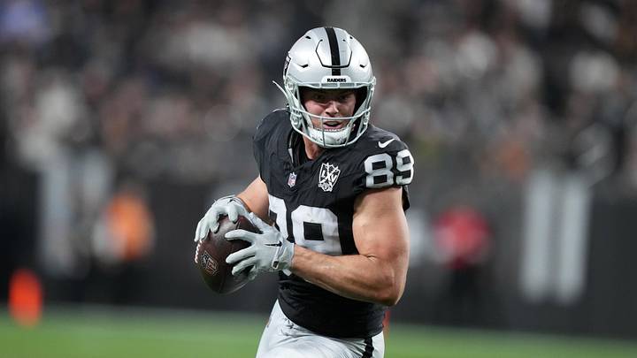 Dec 22, 2024; Paradise, Nevada, USA; Las Vegas Raiders tight end Brock Bowers (89) carries the ball against the Jacksonville Jaguars in the second half at Allegiant Stadium. Mandatory Credit: Kirby Lee-Imagn Images