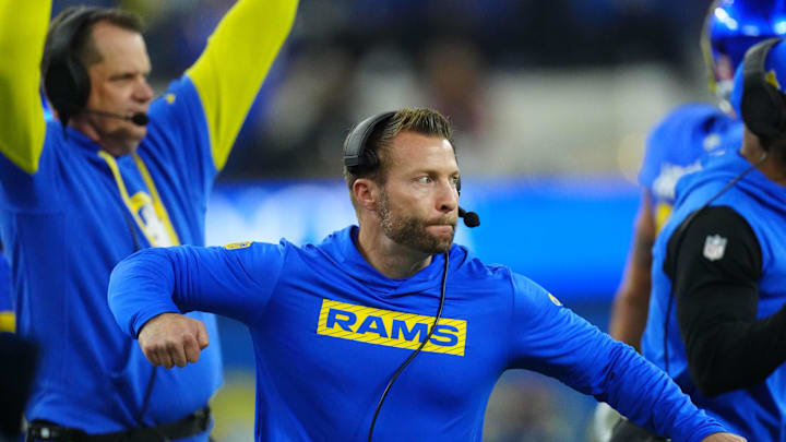 Dec 28, 2024; Inglewood, California, USA; Los Angeles Rams coach Sean McVay reacts against the Arizona Cardinals in the first half at SoFi Stadium. Mandatory Credit: Kirby Lee-Imagn Images
