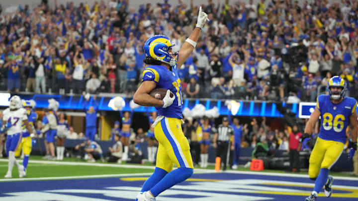Los Angeles Rams wide receiver Puka Nacua celebrates a touchdown. 