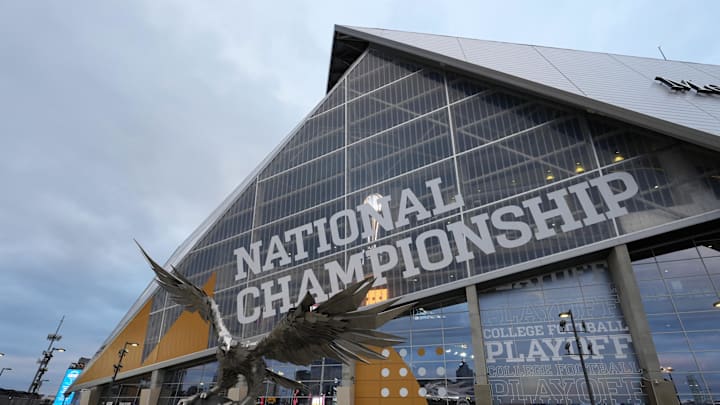 A general overall view of Mercedes-Benz Stadium, the site of the 2025 College Football Playoff National Championship between the Ohio State Buckeyes and the Notre Dame Fighting Irish. A general overall view of Mercedes-Benz Stadium, the site of the 2025 College Football Playoff National Championship between the Ohio State Buckeyes and the Notre Dame Fighting Irish.