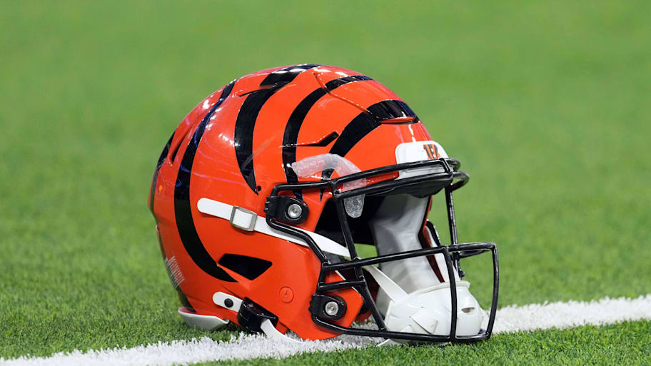 Nov 17, 2024; Inglewood, California, USA; A Cincinnati Bengals Riddell Speedflex helmet on the field at SoFi Stadium. Mandatory Credit: Kirby Lee-Imagn Images | Kirby Lee-Imagn Images