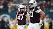 Dec 27, 2024; Las Vegas, NV, USA; Texas A&M Aggies place kicker Randy Bond (47) reacts after missing a field goal against the Southern California Trojans in the second half at Allegiant Stadium. Mandatory Credit: Kirby Lee-Imagn Images
