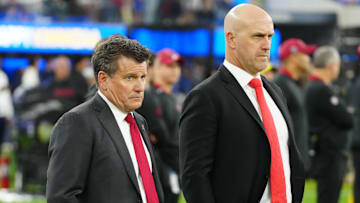 Dec 28, 2024; Inglewood, California, USA; Arizona Cardinals owner Michael Bidwill (left) and general manager Monti Ossenfort watches from the sidelines against the Los Angeles Rams at SoFi Stadium. Mandatory Credit: Kirby Lee-Imagn Images