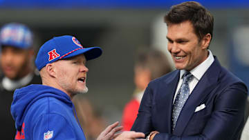Dec 8, 2024; Inglewood, California, USA; Buffalo Bills coach Sean McDermott talks with Tom Brady during the game against the Los Angeles Rams at SoFi Stadium. Mandatory Credit: Kirby Lee-Imagn Images