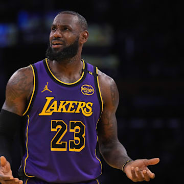 Nov 29, 2024; Los Angeles, California, USA; Los Angeles Lakers forward LeBron James (23) reacts in the second half against the Oklahoma City Thunder at Crypto.com Arena. Mandatory Credit: Kirby Lee-Imagn Images
