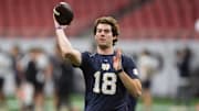 Jan 18, 2025; Atlanta, GA, USA; Notre Dame Fighting Irish quarterback Steve Angeli (18) throws the ball during practice at Mercedes-Benz Stadium. 