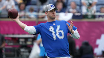 Feb 1, 2025; Orlando, FL, USA; Detroit Lions quarterback Jared Goff (16) throws the ball during NFC Practice for the Pro Bowl Games at Camping World Stadium. Mandatory Credit: Kirby Lee-Imagn Images