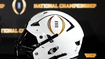 Jan 19, 2025; Atlanta, GA, USA; A College Football Playoff logo helmet at a press conference at The Westin Peachtree Plaza, Savannah Ballroom. Mandatory Credit: Kirby Lee-Imagn Images