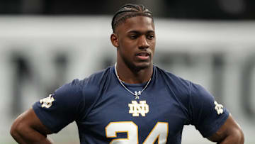 Jan 18, 2025; Atlanta, GA, USA; Notre Dame Fighting Irish running back Jadarian Price (24) during practice at Mercedes-Benz Stadium