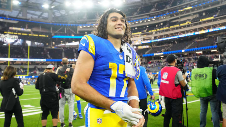 Los Angeles Rams wide receiver Puka Nacua (17) reacts after the game against the Buffalo Bills at SoFi Stadium. 