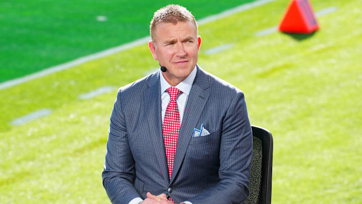 Jan 1, 2025; Pasadena, California, USA; Kirk Herbstreit on the ESPN Gameday set at Rose Bowl Stadium. Mandatory Credit: Kirby Lee-Imagn Images