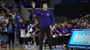 Dec 3, 2024; Los Angeles, California, USA; Washington Huskies head coach Danny Sprinkle gestures in the first half against the UCLA Bruins at Pauley Pavilion presented by Wescom. Mandatory Credit: Kirby Lee-Imagn Images
