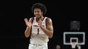 Dec 18, 2024; Los Angeles, California, USA; Southern California Trojans guard Desmond Claude (1) reacts in the first half against the Cal State Northridge Matadors at Galen Center. Mandatory Credit: Kirby Lee-Imagn Images