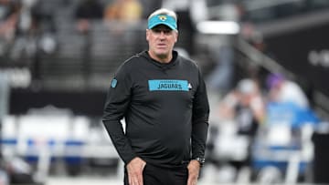 Dec 22, 2024; Paradise, Nevada, USA; Jacksonville Jaguars coach Doug Pederson looks on during the game against the Las Vegas Raiders at Allegiant Stadium. Mandatory Credit: Kirby Lee-Imagn Images