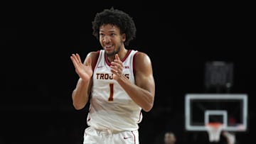 Dec 18, 2024; Los Angeles, California, USA; Southern California Trojans guard Desmond Claude (1) reacts in the first half against the Cal State Northridge Matadors at Galen Center. Mandatory Credit: Kirby Lee-Imagn Images