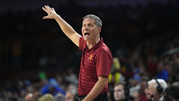 Jan 27, 2025; Los Angeles, California, USA; Southern California Trojans head coach Eric Musselman reacts against the UCLA Bruins at Galen Center. Mandatory Credit: Kirby Lee-Imagn Images
