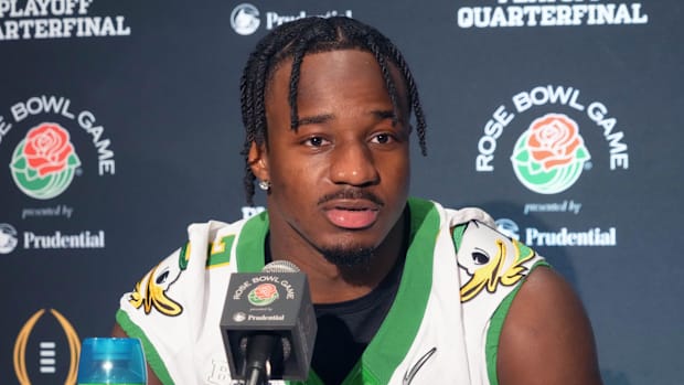 Oregon Ducks linebacker Jeffrey Bassa (2) during Rose Bowl media day at Sheraton Grand LA. 