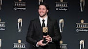 Feb 6, 2025; New Orleans, LA, USA; Buffalo Bills quarterback Josh Allen poses wtih the Most Valuable Player award.