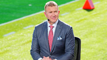 Jan 1, 2025; Pasadena, California, USA; Kirk Herbstreit on the ESPN Gameday set at Rose Bowl Stadium. Mandatory Credit: Kirby Lee-Imagn Images