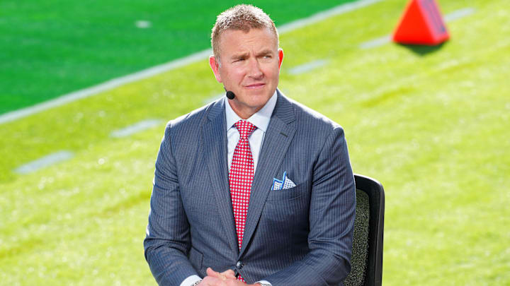 Jan 1, 2025; Pasadena, California, USA; Kirk Herbstreit on the ESPN Gameday set at Rose Bowl Stadium. Mandatory Credit: Kirby Lee-Imagn Images