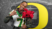 Dec 30, 2024; Los Angeles, CA, USA; Oregon Ducks wide receiver Evan Stewart (7) poses during Rose Bowl media day at Sheraton Grand LA. Mandatory Credit: Kirby Lee-Imagn Images