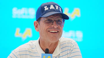Jan 15, 2025; El Segundo, CA, USA; Los Angeles Chargers coach Jim Harbaugh at a press conference at The Bolt. 