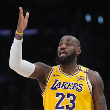 Jan 23, 2025; Los Angeles, California, USA; Los Angeles Lakers forward LeBron James (23) reacts in the second half against the Boston Celtics at the Crypto.com Arena. Mandatory Credit: Kirby Lee-Imagn Images