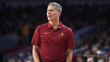 Jan 27, 2025; Los Angeles, California, USA; Southern California Trojans head coach Eric Musselman reacts against the UCLA Bruins at Galen Center. Mandatory Credit: Kirby Lee-Imagn Images