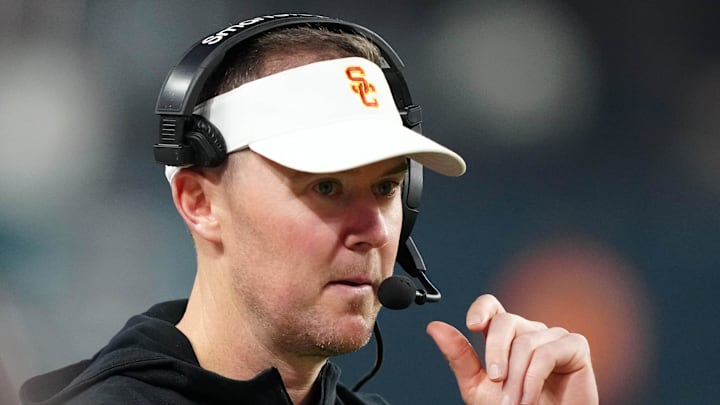 Dec 27, 2024; Las Vegas, NV, USA; Southern California Trojans head coach Lincoln Riley reacts against the Texas A&M Aggies in the second half at Allegiant Stadium. Dec 27, 2024; Las Vegas, NV, USA; Southern California Trojans head coach Lincoln Riley reacts against the Texas A&M Aggies in the second half at Allegiant Stadium.