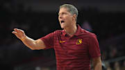Jan 14, 2025; Los Angeles, California, USA; Southern California Trojans head coach Eric Musselman reacts in the first half against the Iowa Hawkeyes at Galen Center. Mandatory Credit: Kirby Lee-Imagn Images