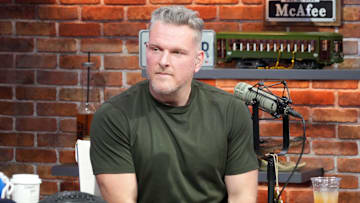 Pat McAfee on the Pat McAfee Show set on Radio Row at the Super Bowl LIX media center. 