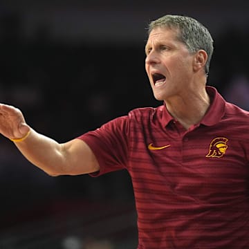 Jan 14, 2025; Los Angeles, California, USA; Southern California Trojans head coach Eric Musselman reacts in the first half against the Iowa Hawkeyes at Galen Center. Mandatory Credit: Kirby Lee-Imagn Images