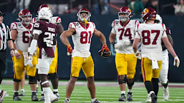 Dec 27, 2024; Las Vegas, NV, USA; Southern California Trojans wide receiver Kyle Ford (81) celebrates after a first down against the Texas A&M Aggies in the second half at Allegiant Stadium. Mandatory Credit: Kirby Lee-Imagn Images