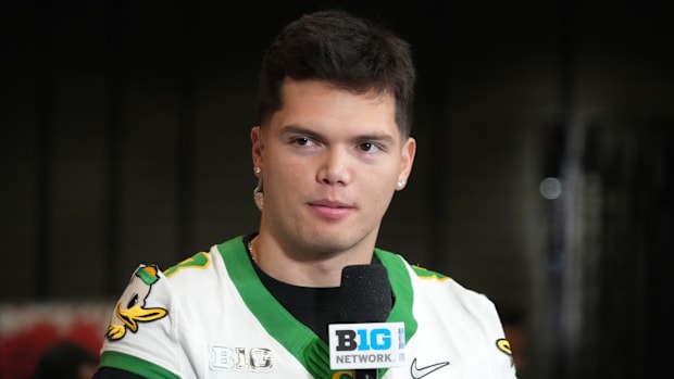 Oregon Ducks quarterback Dillon Gabriel (8) on the Big Ten Network stage during Rose Bowl media day at Sheraton Grand LA. 