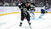 Nov 27, 2024; Los Angeles, California, USA; LA Kings defenseman Vladislav Gavrikov (84) skates with the puck against the Winnipeg Jets in the first period at Crypto.com Arena. Mandatory Credit: Kirby Lee-Imagn Images