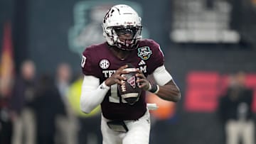 Texas A&M Aggies quarterback Marcel Reed (10) throws the ball against the Southern California Trojans in the first half at Allegiant Stadium.