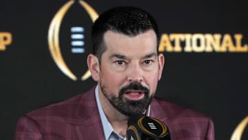 Jan 21, 2025; Atlanta, GA, USA; Ohio State Buckeyes head coach Ryan Day during CFP National Championship Champions press conference at The Westin Peachtree Plaza, Savannah Ballroom. Mandatory Credit: Kirby Lee-Imagn Images
