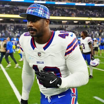 Dec 8, 2024; Inglewood, California, USA; Buffalo Bills linebacker Von Miller (40) leaves the field after the game against the Los Angeles Rams at SoFi Stadium. Mandatory Credit: Kirby Lee-Imagn Images